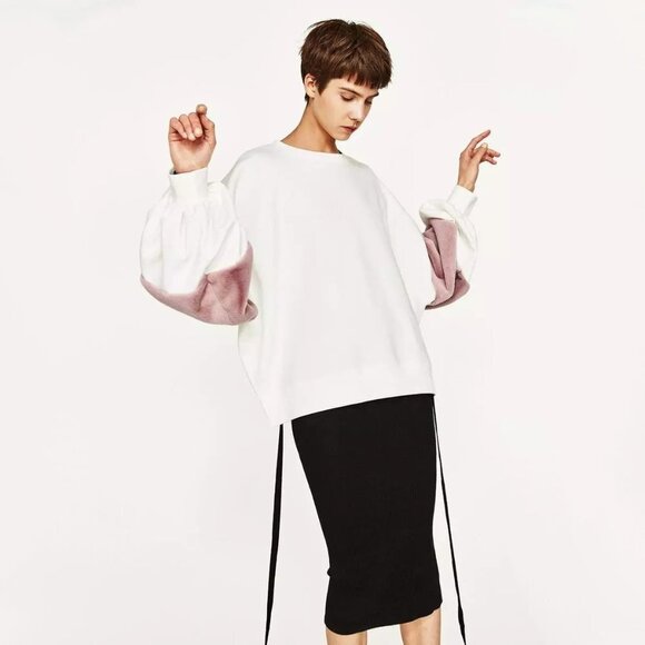 EUC Zara white sweatshirt with pink faux fur sleeve detail, S - Picture 2 of 9